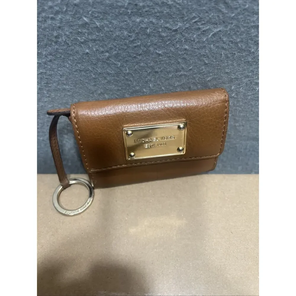 Michael Kors Fulton Small Pebbled Leather Keychain Wallet Brown ID Case & Coin